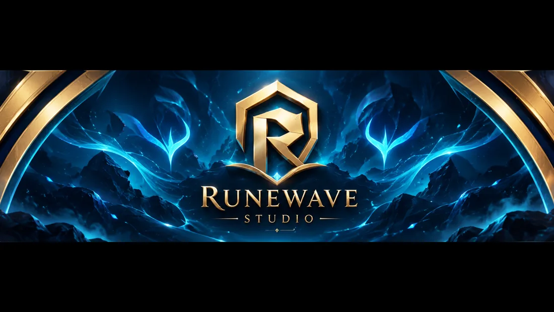 Emblème doré RuneWave Studio sur fond bleu